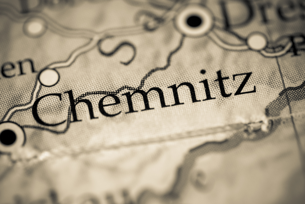 Chemnitz auf einem Ausschnitt einer Landkarte in der Farbe Grau.